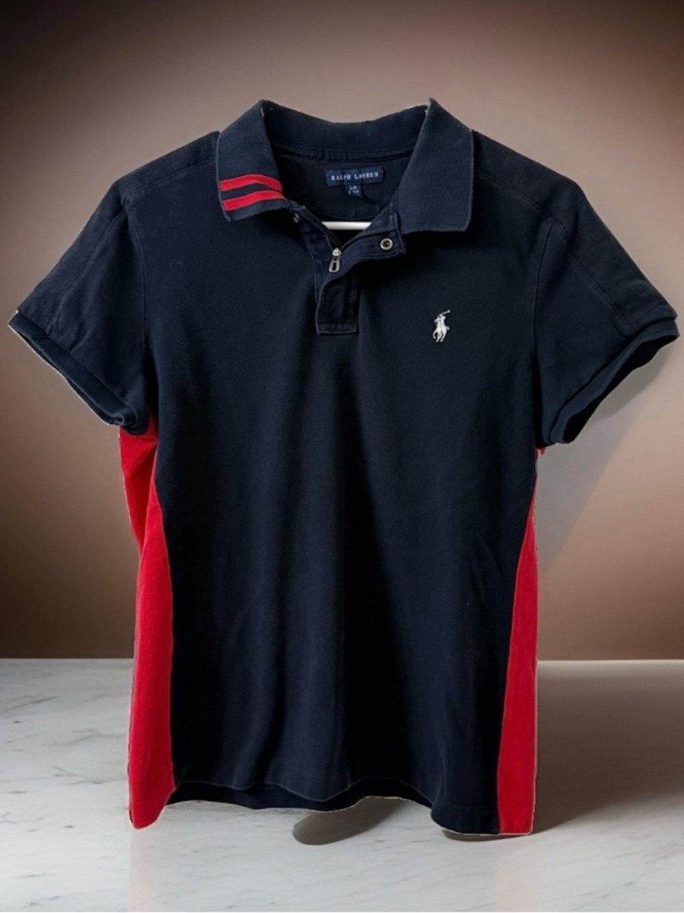 Ralph Lauren Women L Navy Red Colorblock Polo Shirt Zip Pony Logo Preppy